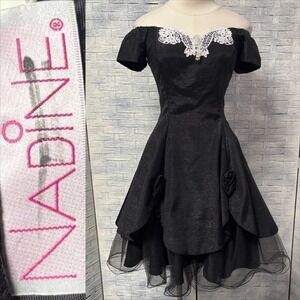 Vtg‎ Nadine Mini ball Dress 7/8 Off shoulder Lace Flower Accent Prom Whimsigoth